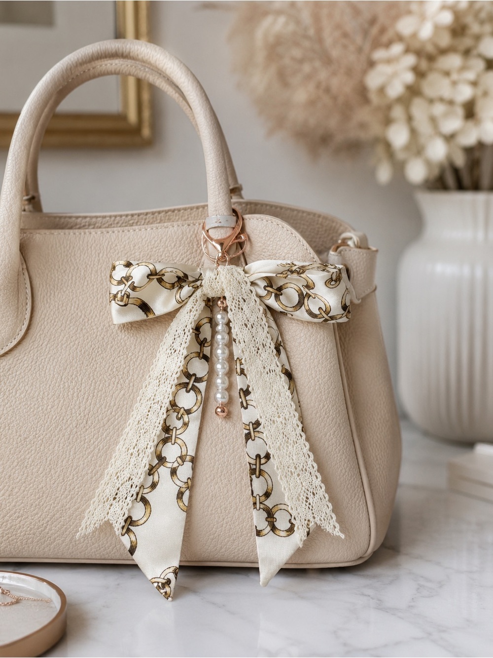 Elegant Satin Bow Bag Charm Keychain with Lace & Pearl Accent